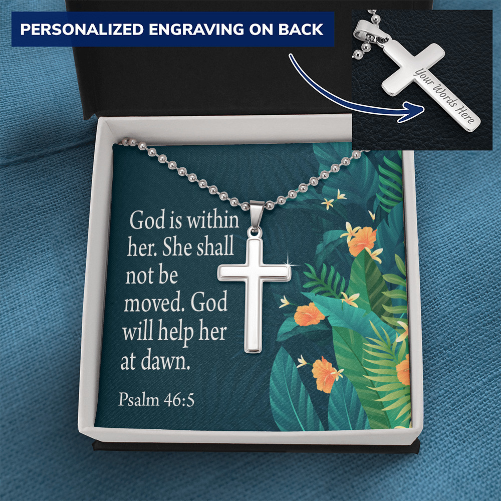 Faith Psalm 46:5 Cross Necklace Message Card W Ball Chain Pendant